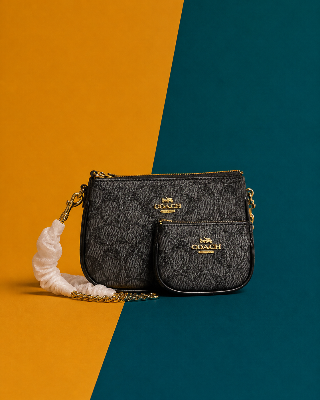 Coach Nolita signature canvas pouches on a teal and amber backdrop
